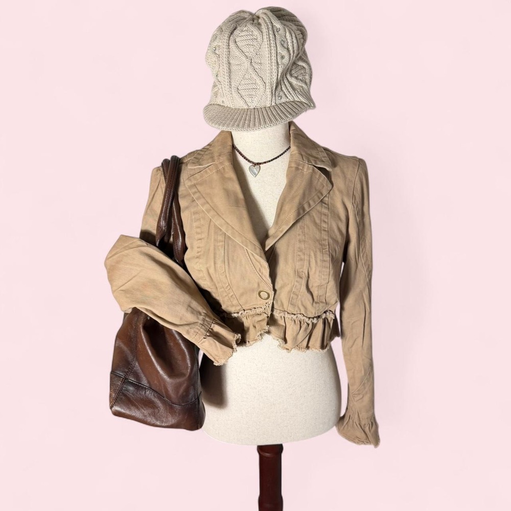 Mixit Tan Ruffle Cropped Shacket Vintage 2000s Coquette Jacket Petite Large